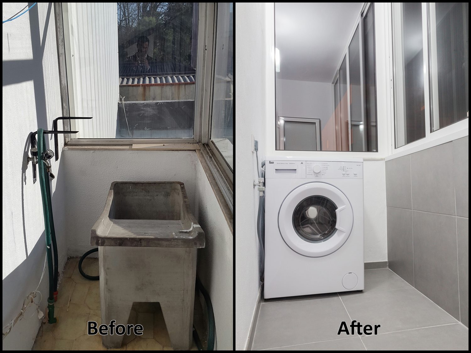 Comparação antes e depois de uma lavandaria renovada