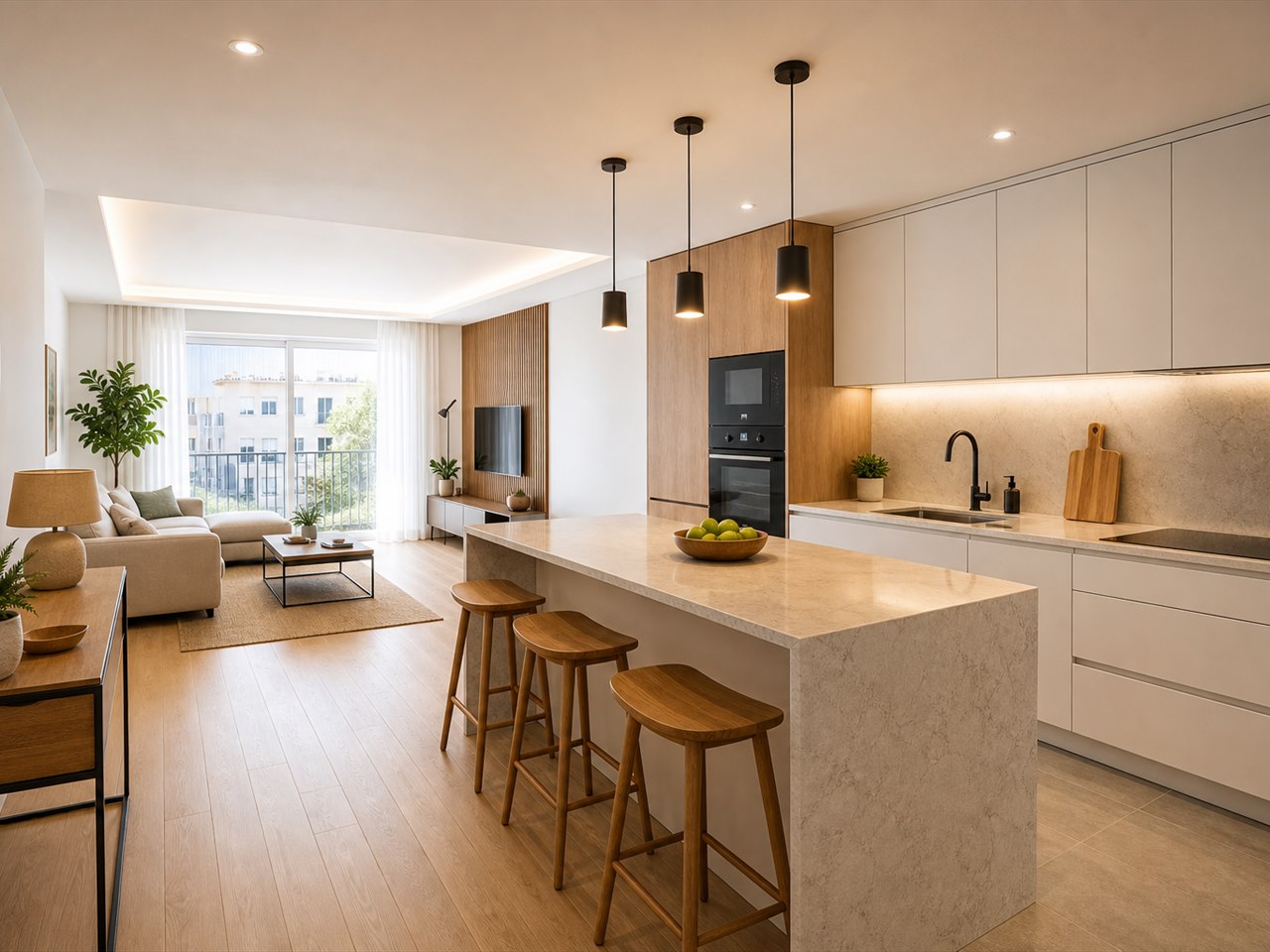 Interior renovado com cozinha aberta, sala luminosa e acabamentos modernos
